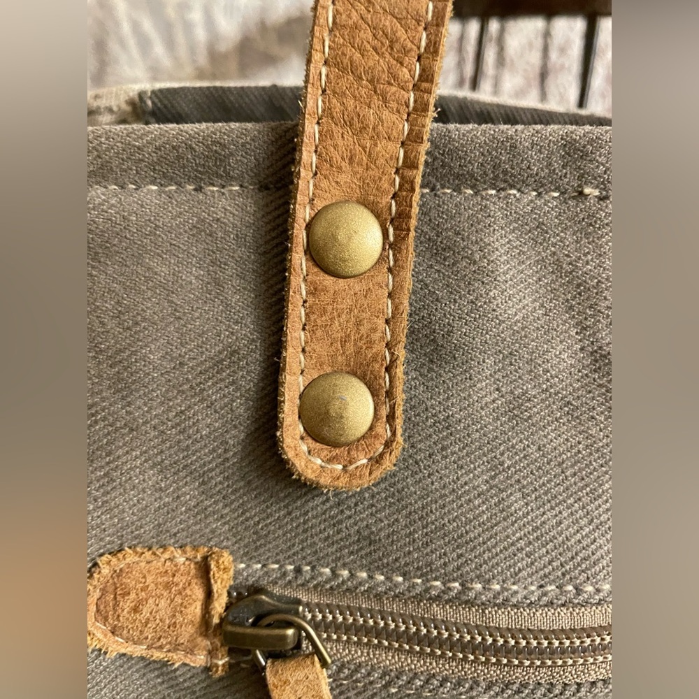 Myra Bag Beach Palm Upcycled Canvas Cowhide Leather Natural Colors Tote - Picture 5 of 8